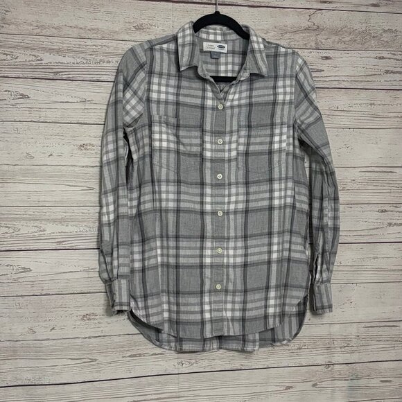 Old Navy Classic Grey White Plaid Button Up Medium - Picture 2 of 6